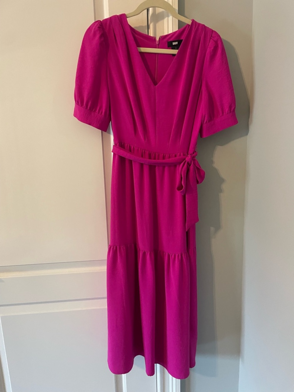 DKNY Fuchsia V-Neck Midi Dress with Tie Waist
